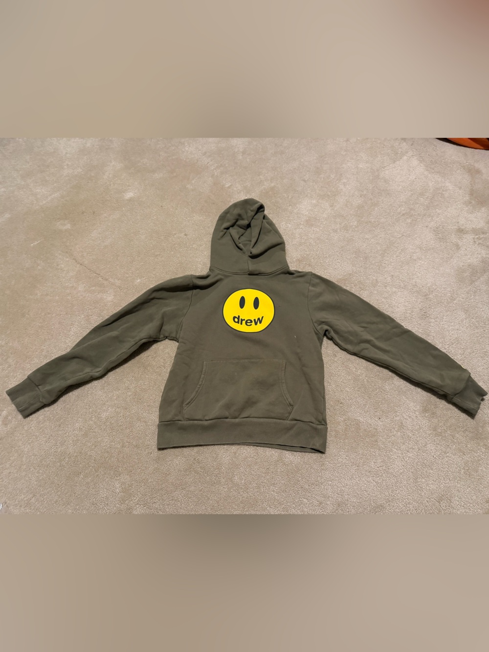 drew house olive hoodie with yellow smile logo